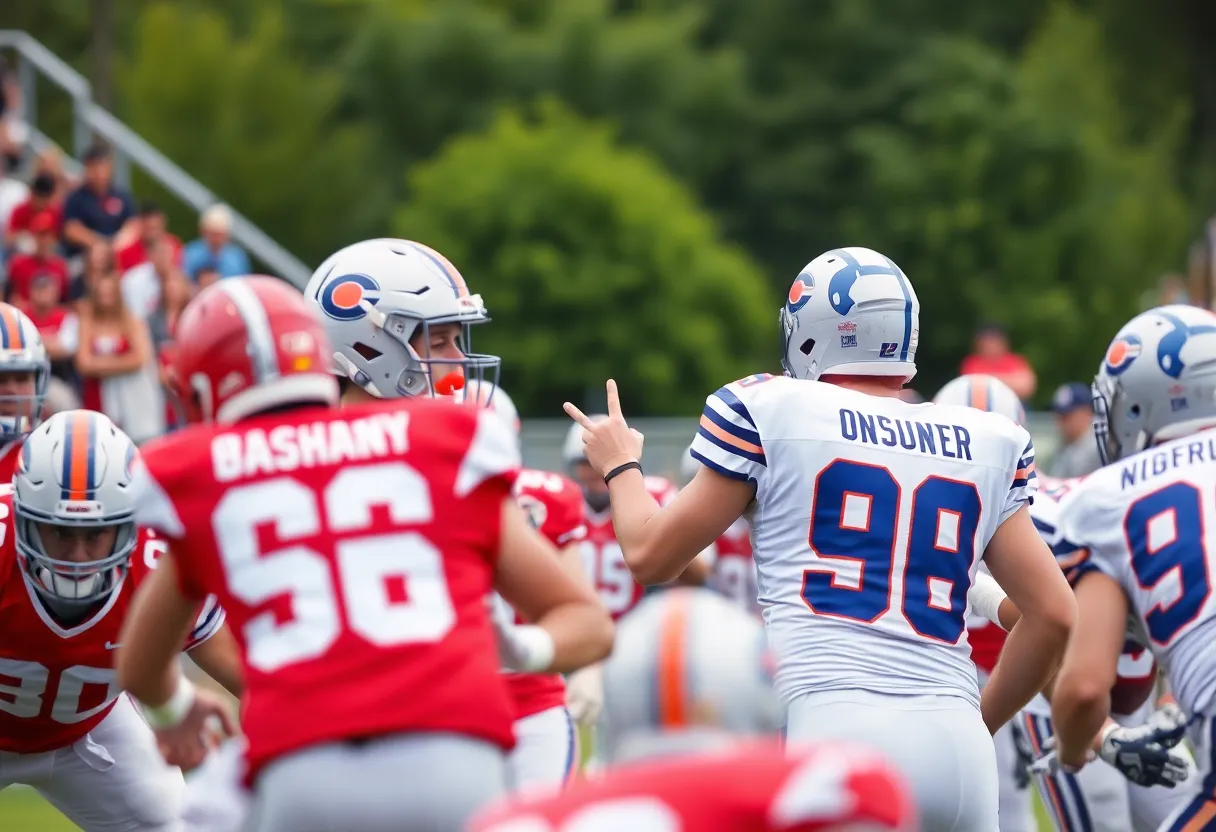 Quarterback leading the Los Angeles Rams during a game.