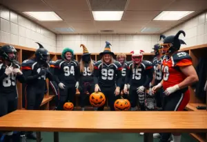 Los Angeles Rams players celebrating Halloween in costumes