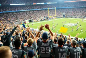 Players from the Los Angeles Rams celebrating after a game win.
