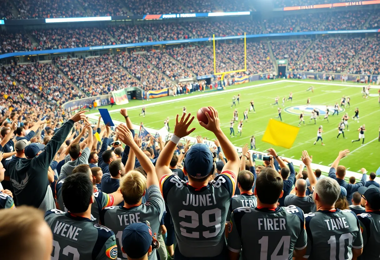 Players from the Los Angeles Rams celebrating after a game win.