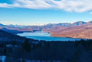 Scenic view of Shasta Lake and surrounding mountains in Redding, California during winter.