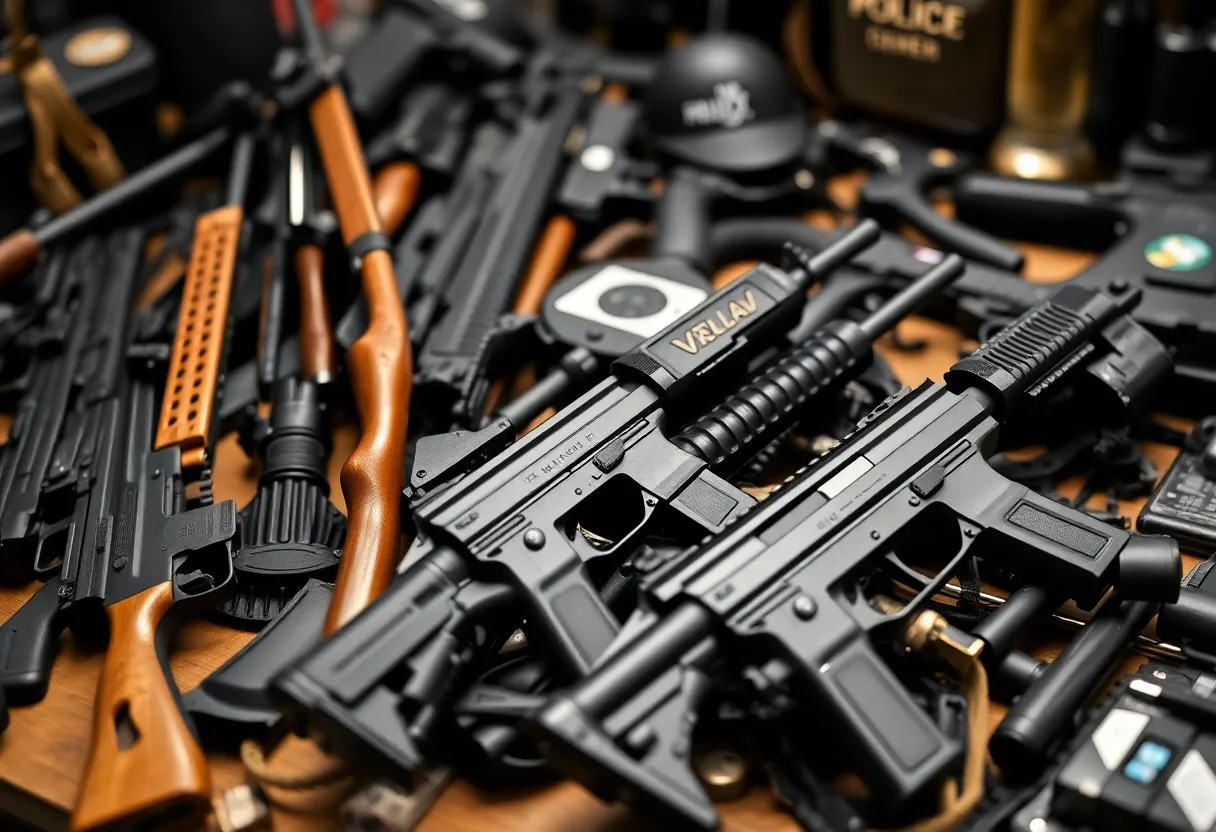 Weapons and police gear highlighting the importance of community vigilance.