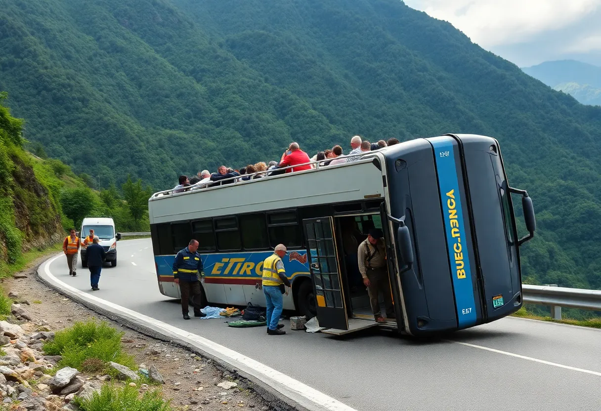 Overturned bus on mountain road with emergency responders