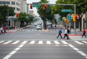 Busy Santa Monica crosswalk with pedestrians and disabled warning lights