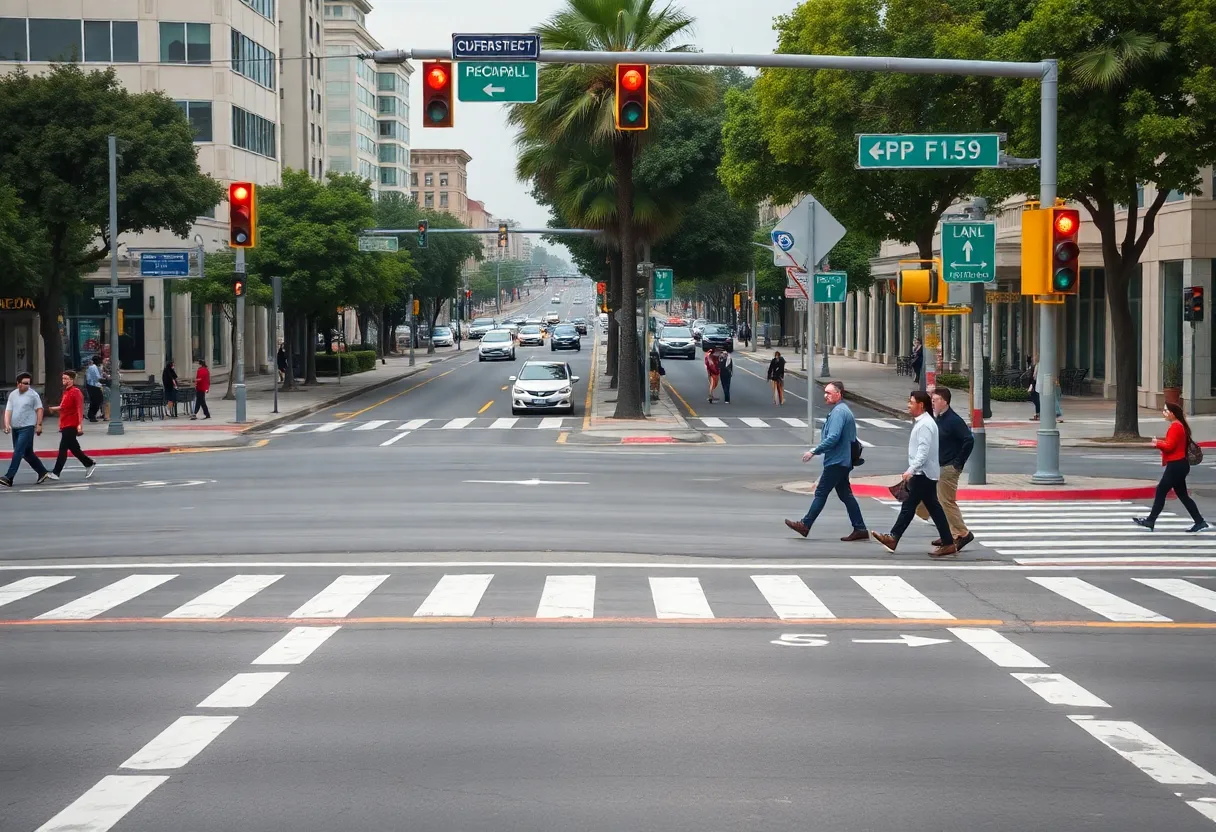 Busy Santa Monica crosswalk with pedestrians and disabled warning lights