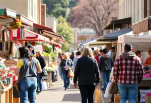A bustling marketplace with shoppers supporting local businesses during Small Business Saturday.
