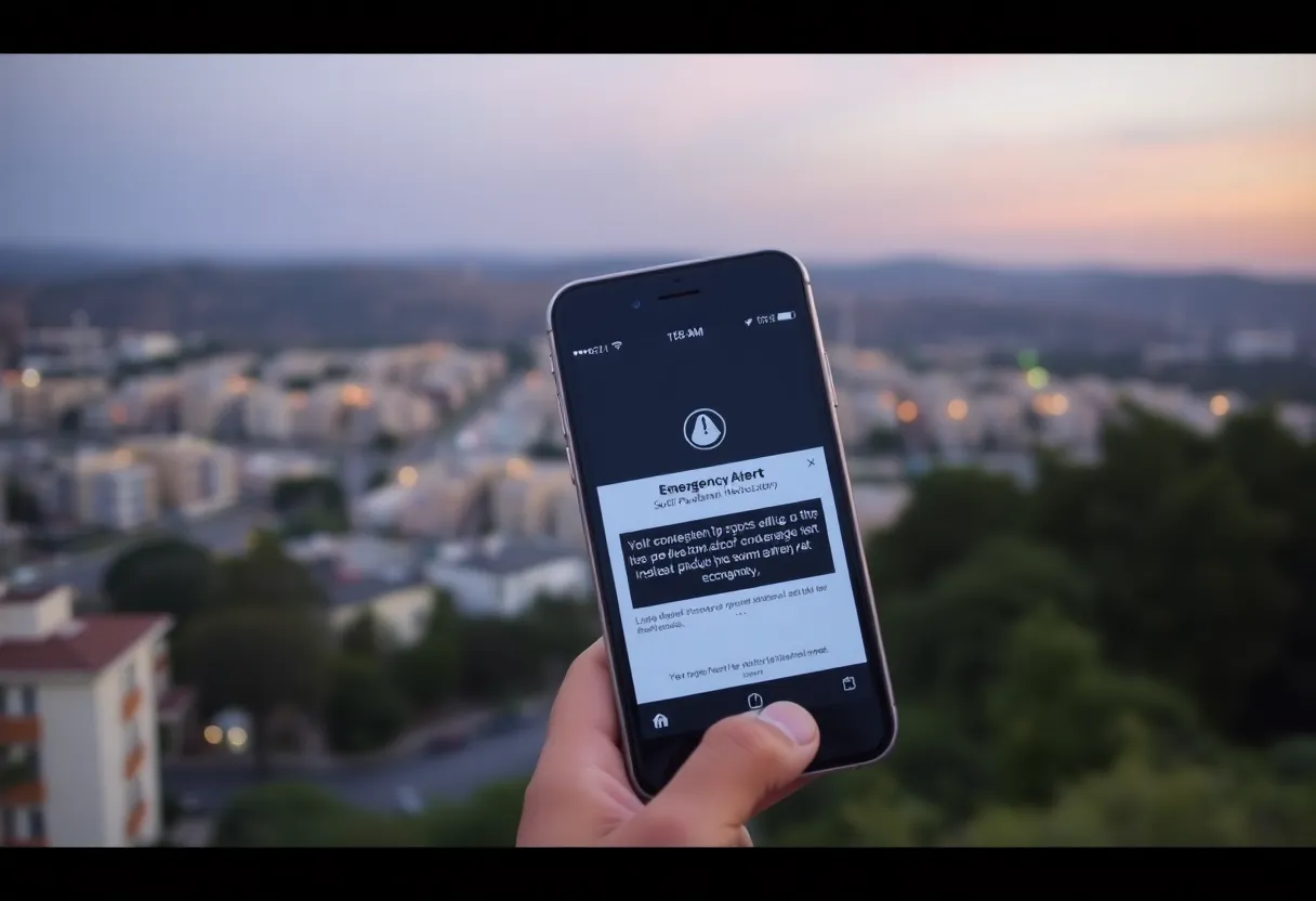 Mobile phone displaying emergency alert notification in South Pasadena