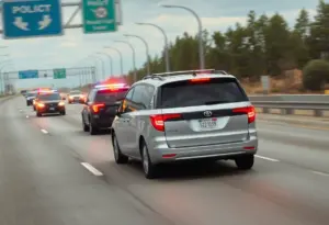 Police pursuit of a stolen silver minivan on a highway.