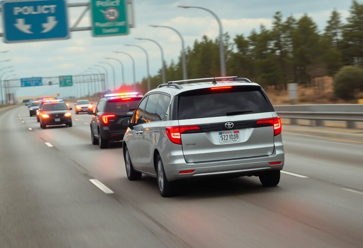Police pursuit of a stolen silver minivan on a highway.