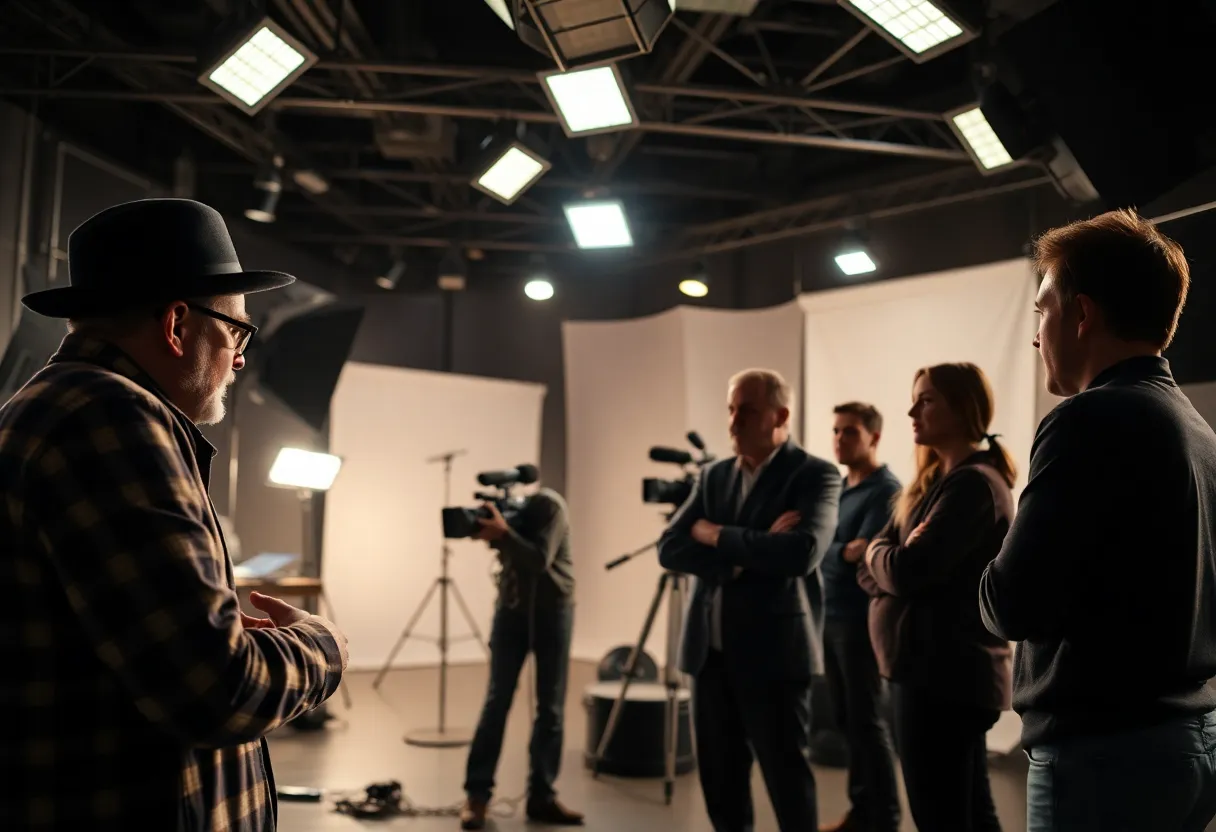 Set of a Hollywood production with crew members discussing