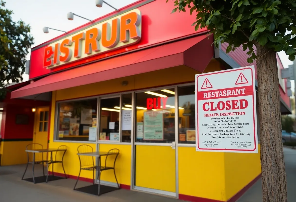Closed Taco Nazo restaurant with health inspection sign outside