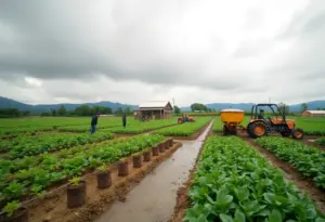 Restoration at Tanaka Farms after storms, showing crews working in the field.