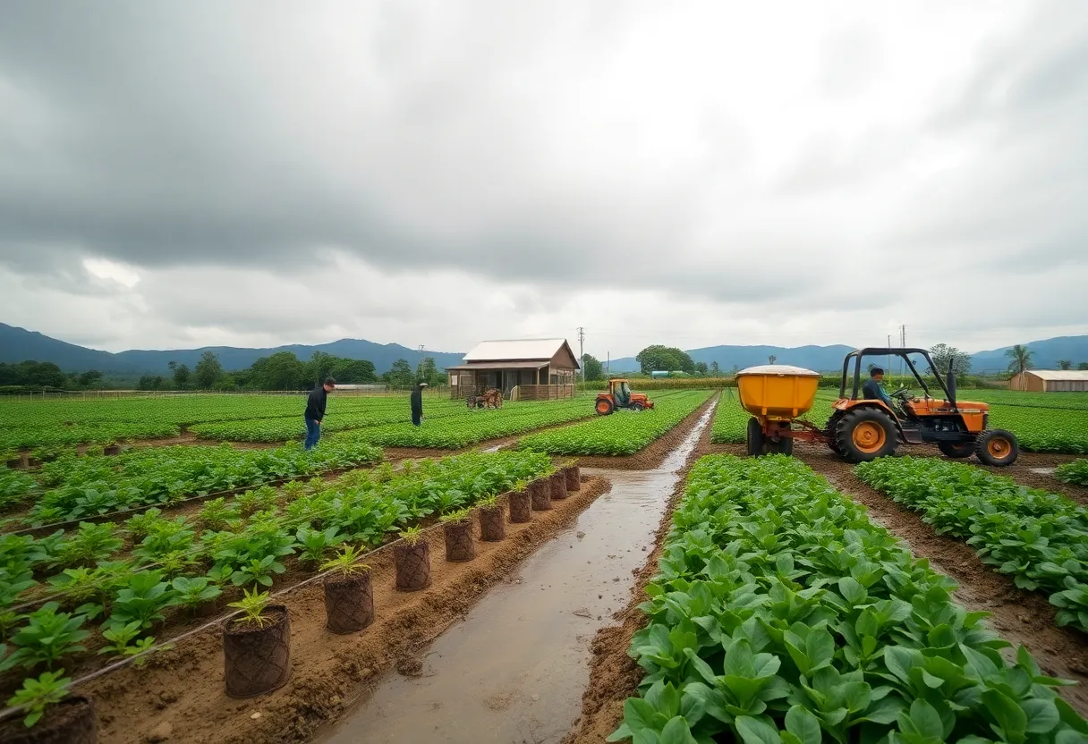 Restoration at Tanaka Farms after storms, showing crews working in the field.