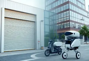 A visual representation of the Temecula business landscape showcasing a shutter plant, tech firm, and delivery robots.