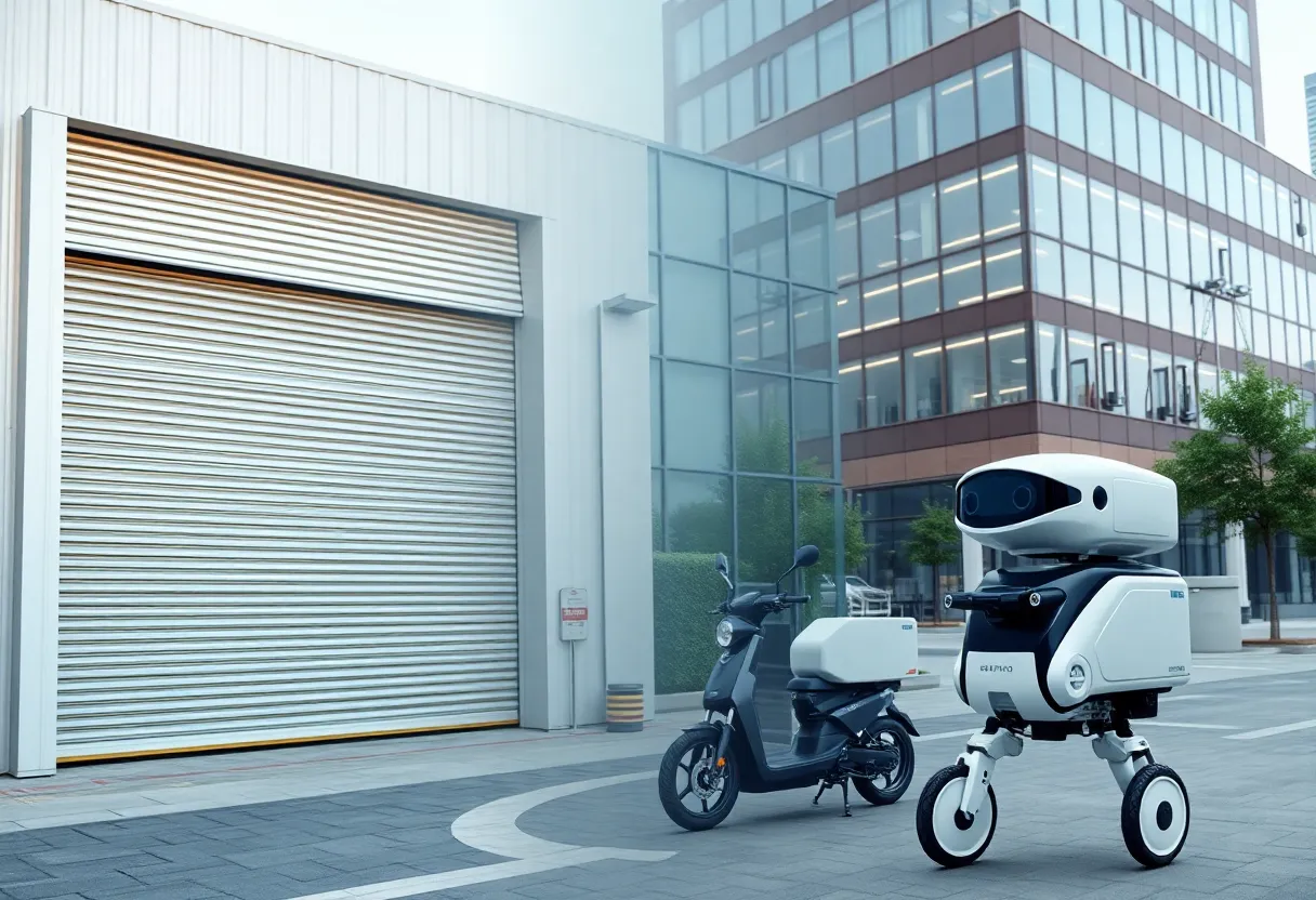 A visual representation of the Temecula business landscape showcasing a shutter plant, tech firm, and delivery robots.