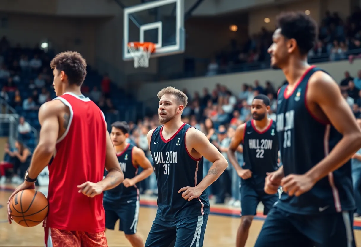 Basketball players in training on the court.