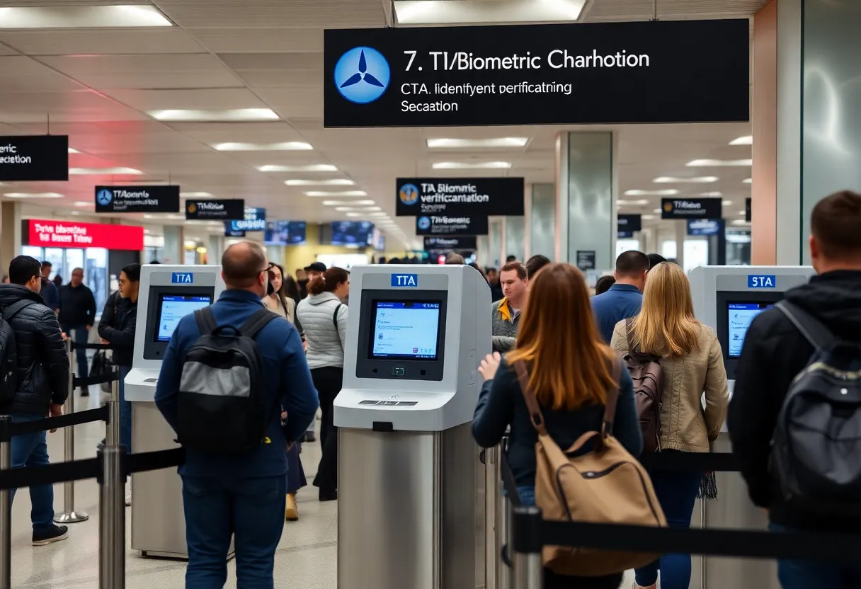 Travelers using biometric kiosks at an airport security checkpoint for identity verification.