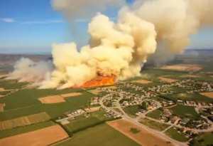 Aerial view of the Mountain Fire in Ventura County with smoke and destruction
