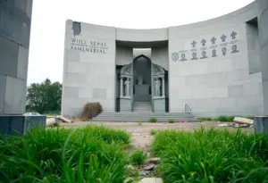 Unfinished Vietnam War Memorial with visible cracks in Fountain Valley
