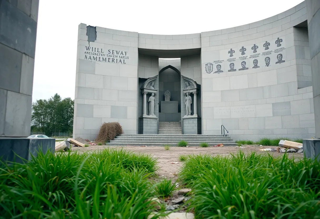Unfinished Vietnam War Memorial with visible cracks in Fountain Valley