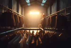 Interior of a warehouse with clothing racks in a dramatic setting.