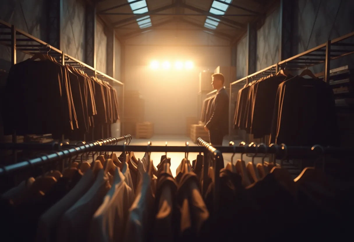 Interior of a warehouse with clothing racks in a dramatic setting.