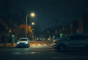 Autonomous vehicle charging station lit up at night