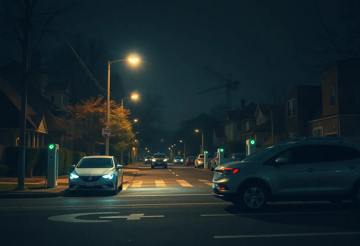 Autonomous vehicle charging station lit up at night