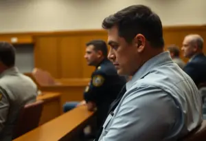 Interior of a courtroom during a police trial