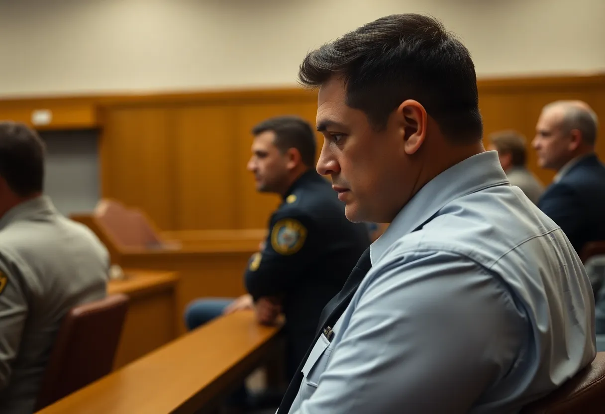 Interior of a courtroom during a police trial