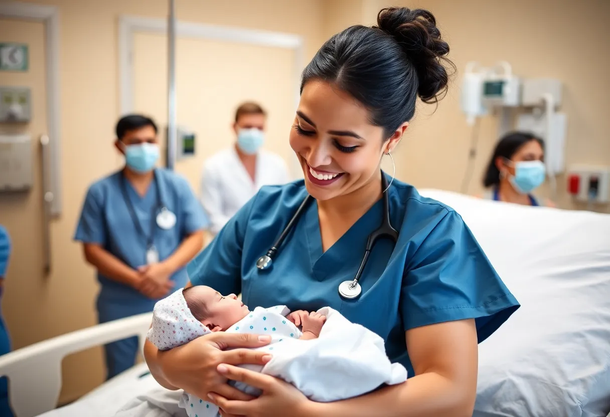 Nurse celebrating the birth of a healthy baby boy in a hospital.