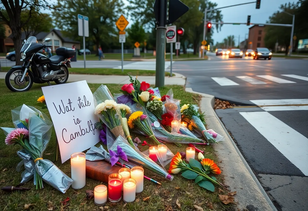 Memorial with candles and flowers for motorcycle accident victim in Baldwin Park