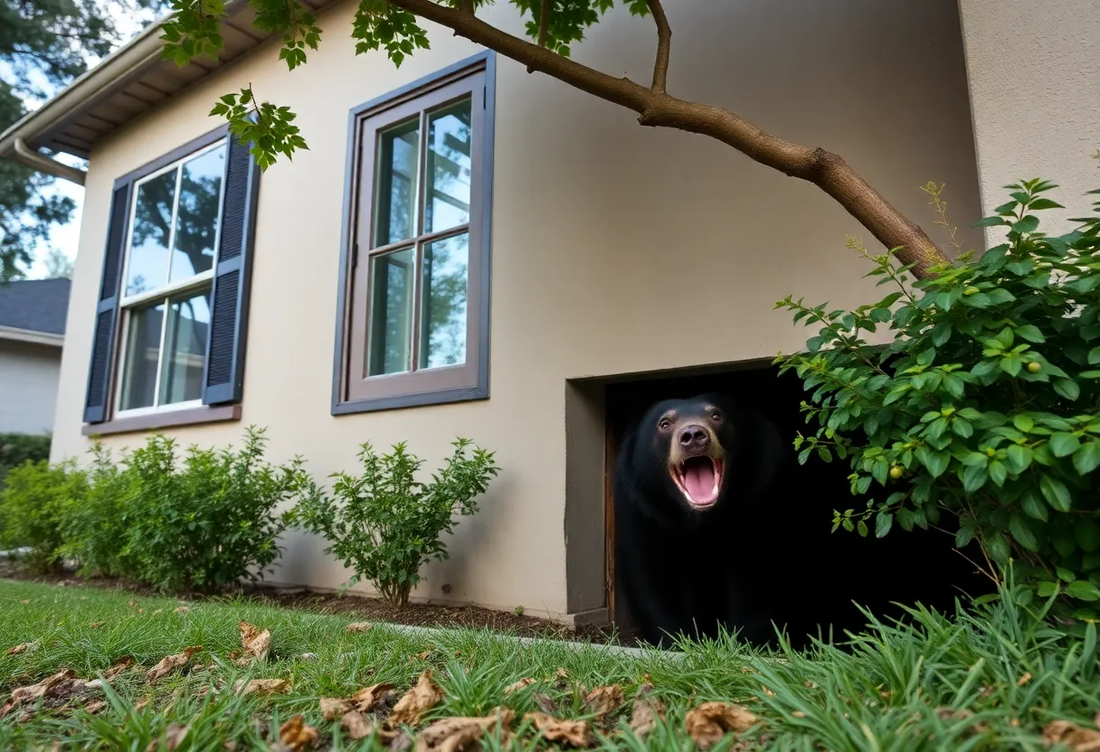 A large black bear hiding beneath a suburban Altadena home.