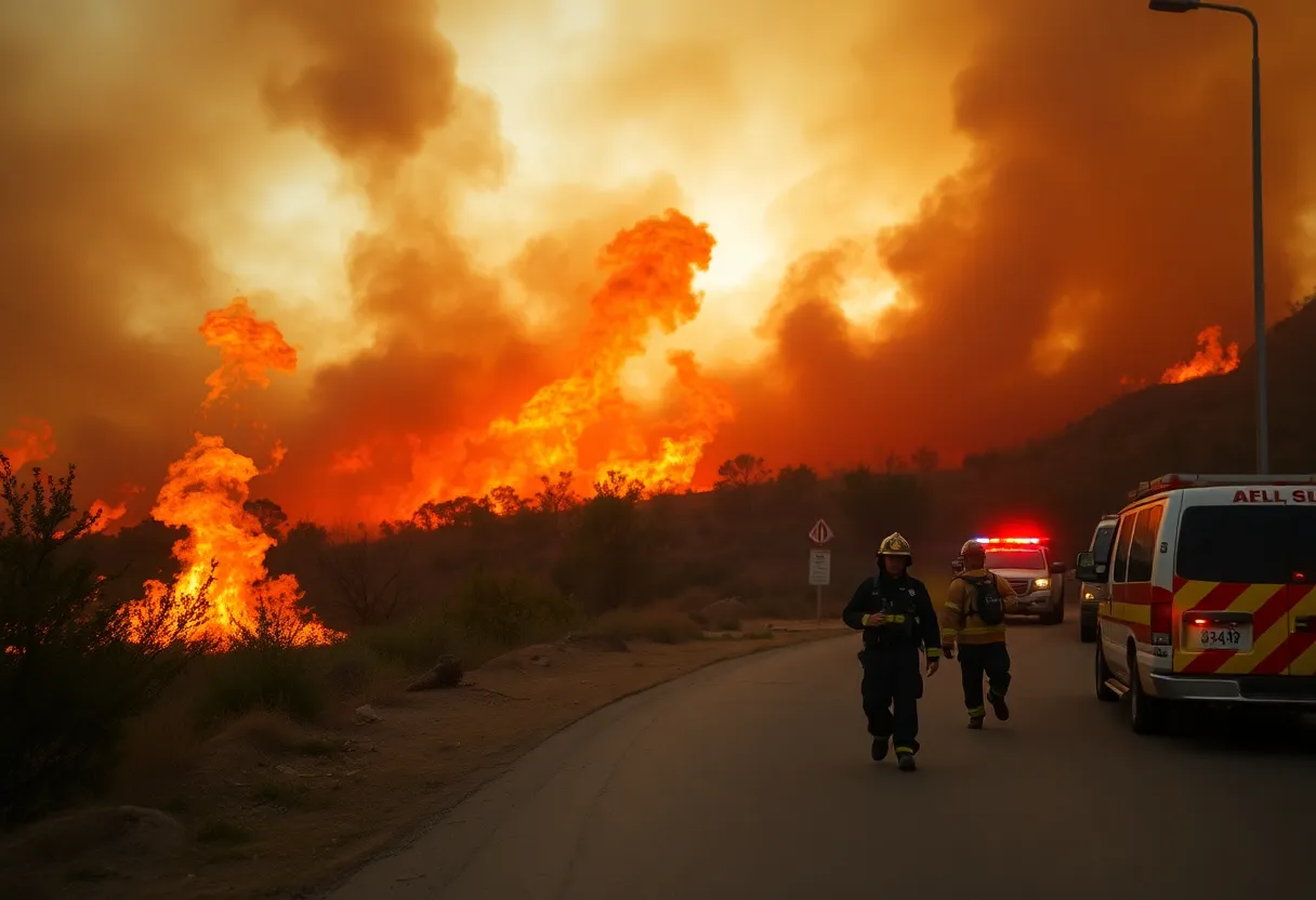 Wildfire engulfing vegetation in Los Angeles County with emergency response teams nearby.