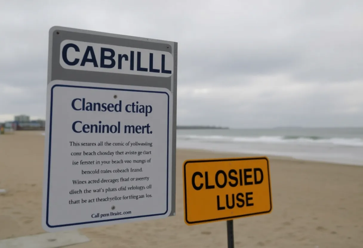 Cabrillo Beach closure signage due to sewage spill