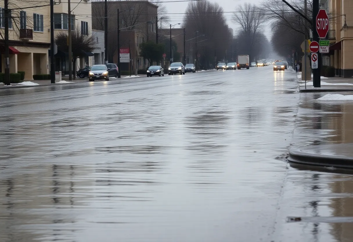 Urban street in California flooded due to severe weather