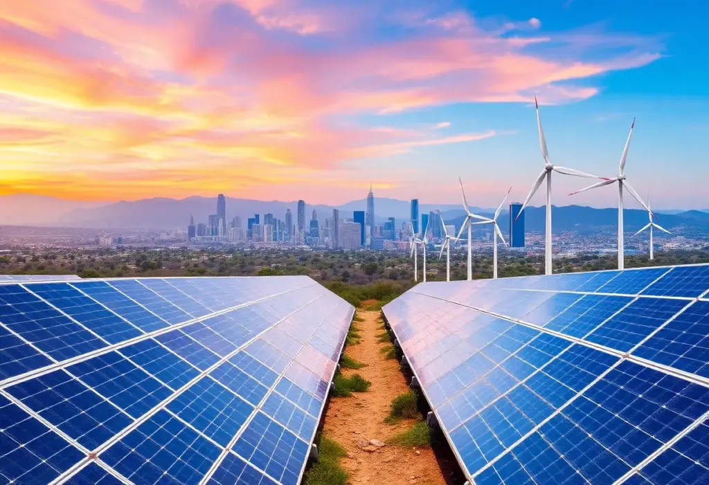 A scenic view of solar panels and wind turbines in California