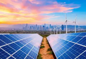 A scenic view of solar panels and wind turbines in California