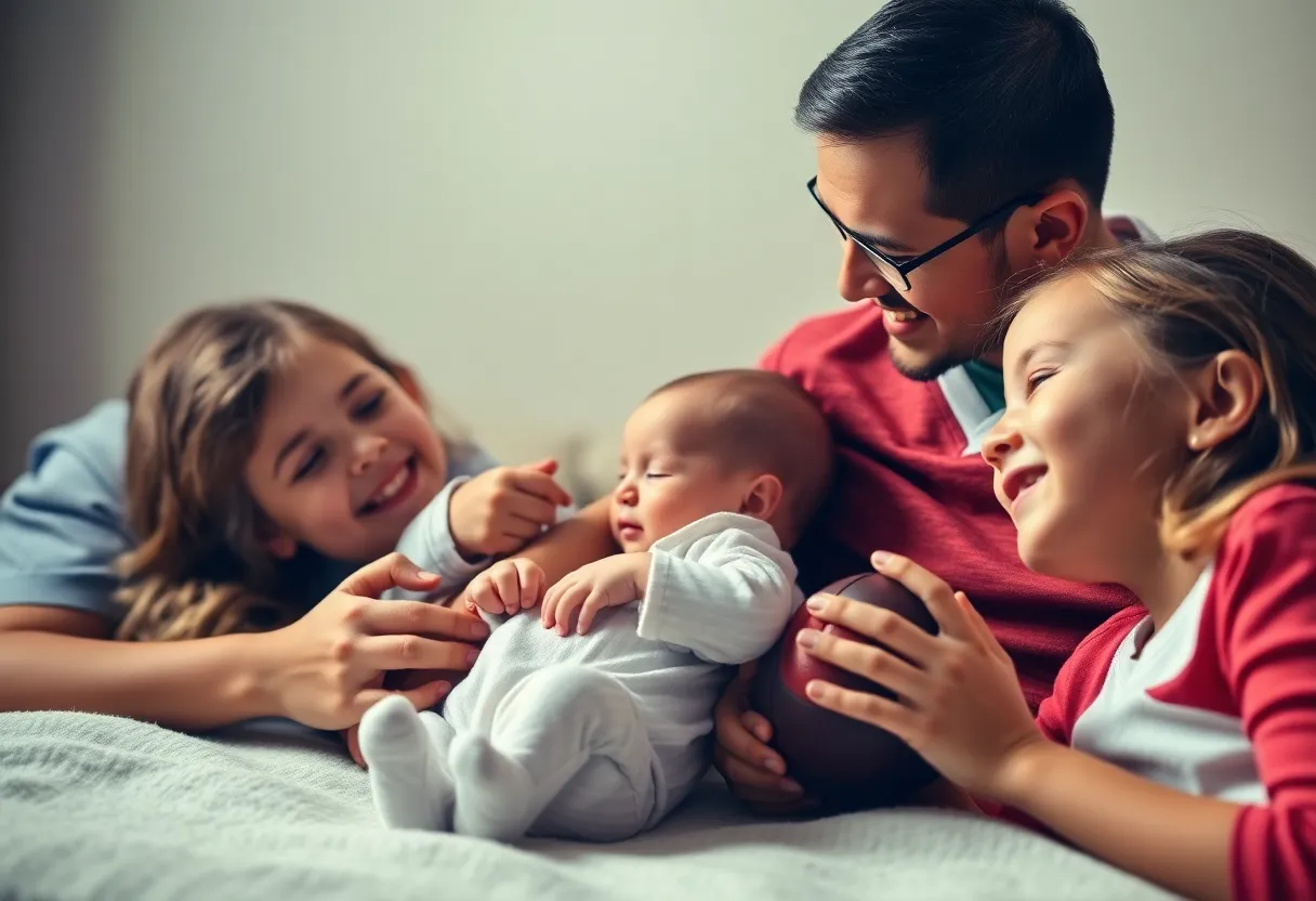 A joyful family with a newborn, representing the trend of naming babies after sports icons.