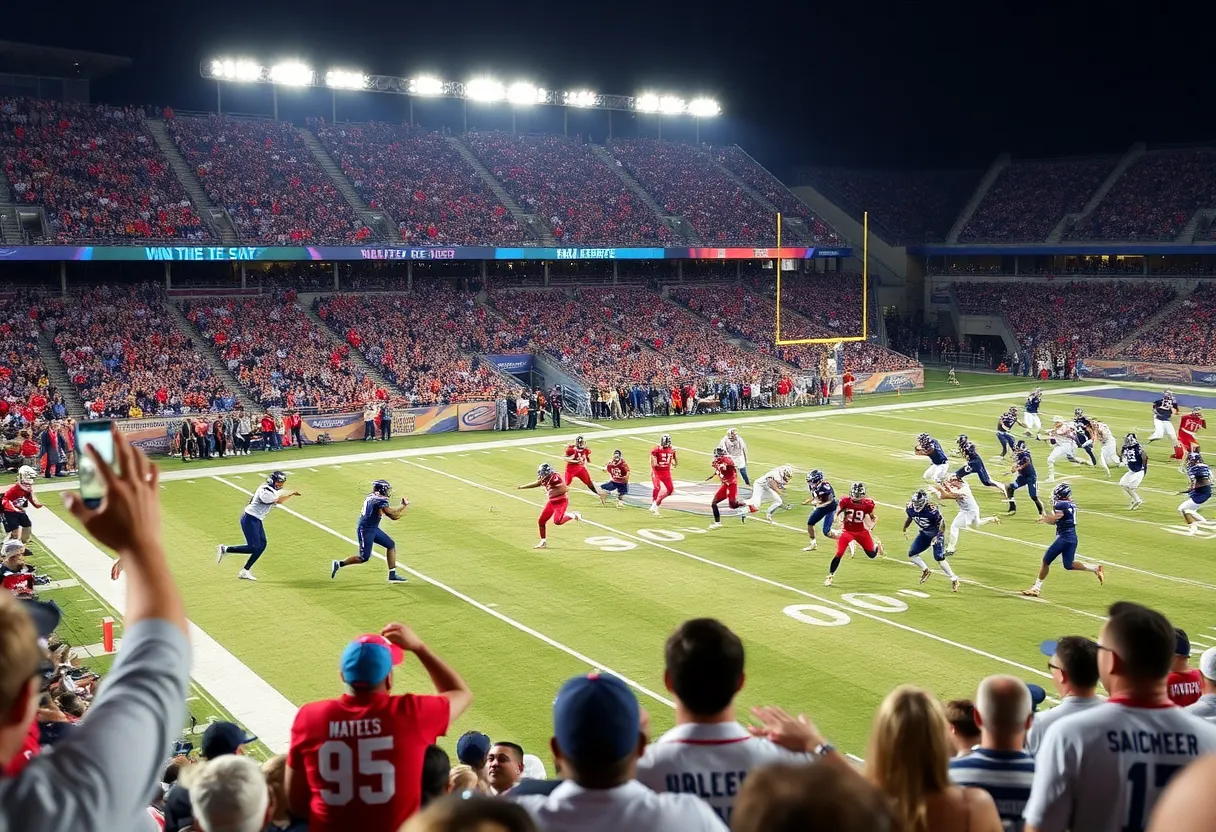 Los Angeles Chargers players celebrating after a win with fans in the background