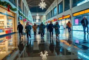 Shoppers navigating a wet mall entrance during Christmas Eve rain