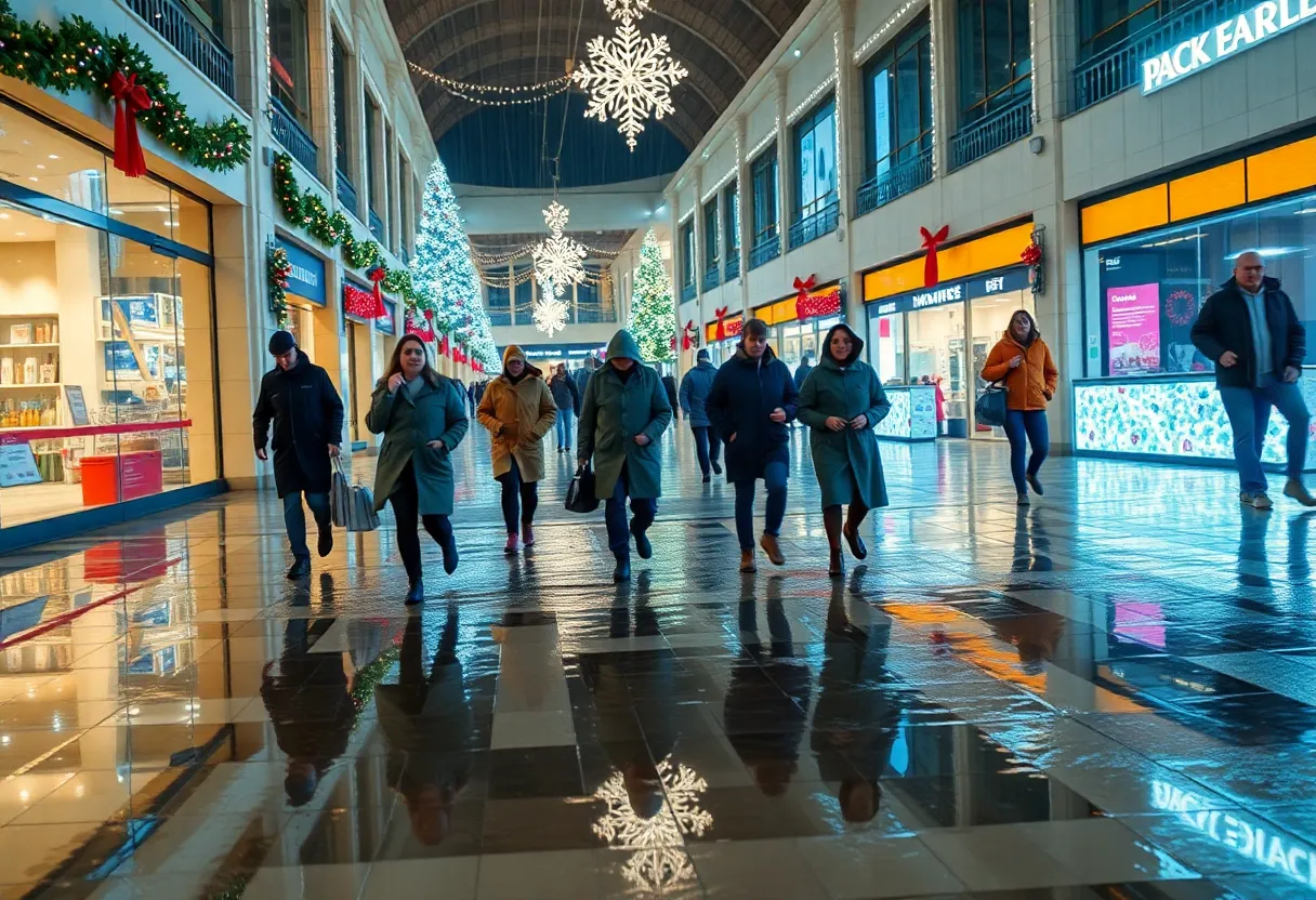 Shoppers navigating a wet mall entrance during Christmas Eve rain
