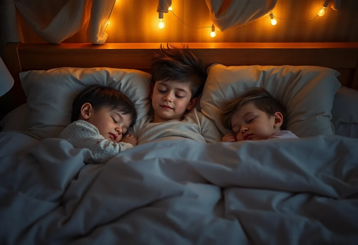 A warm family scene with children sleeping peacefully in a bed.