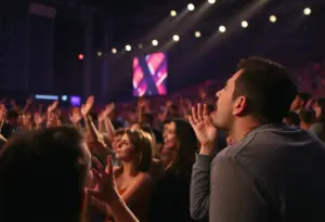 Audience reaction during a concert kiss cam moment