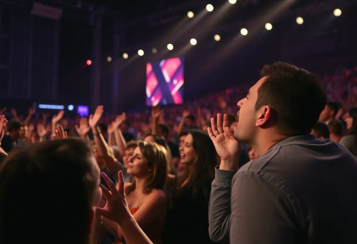Audience reaction during a concert kiss cam moment