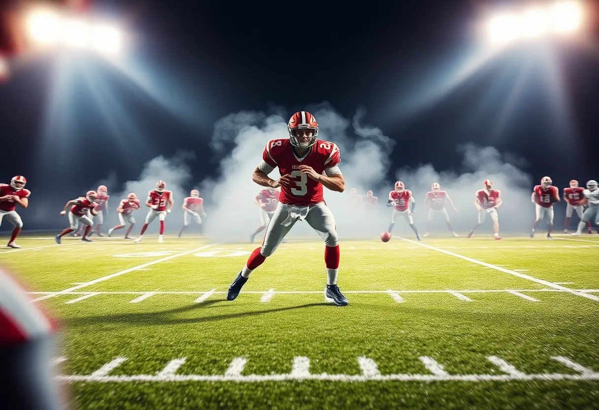 An abstract representation of football strategy with a quarterback in action.