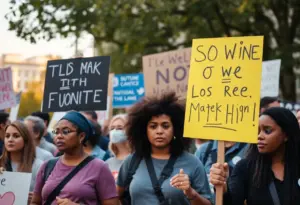 A diverse group of individuals holding signs at a peaceful protest advocating for justice.