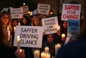 Community members holding candles and banners for DUI law reform