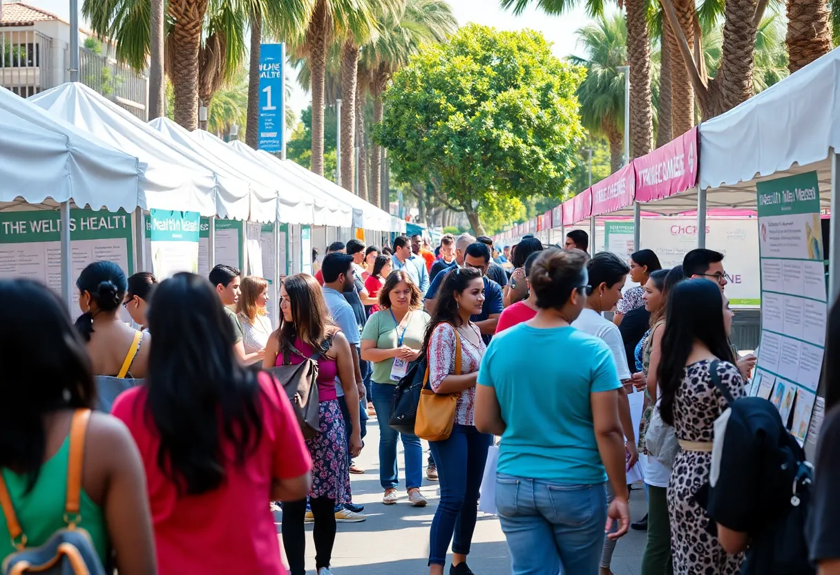 A community health fair in Los Angeles with people participating in various wellness activities.