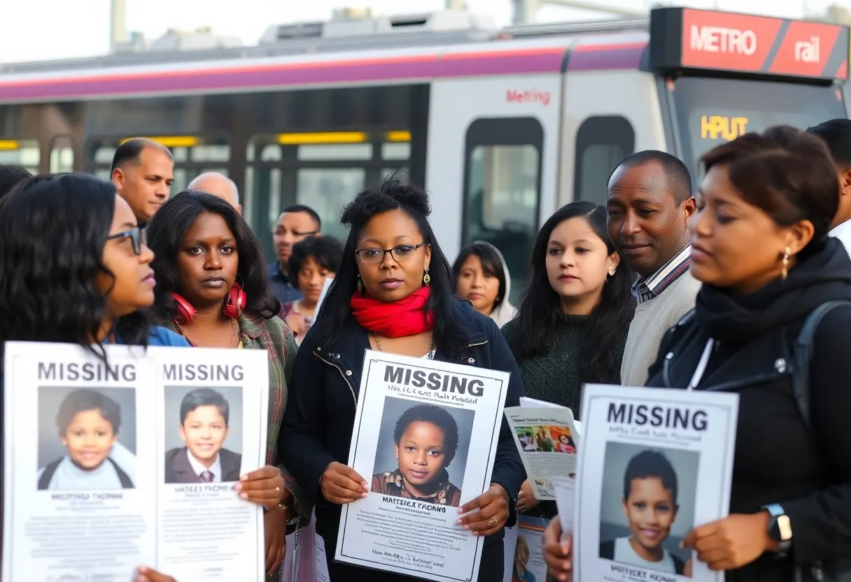 Community members holding flyers for missing boys near a Metro Rail station.